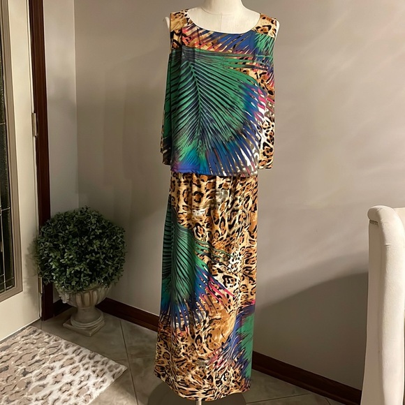 Animal Tropical print long stretch dress. Sleeveless, top overlay size  XL - Picture 1 of 10